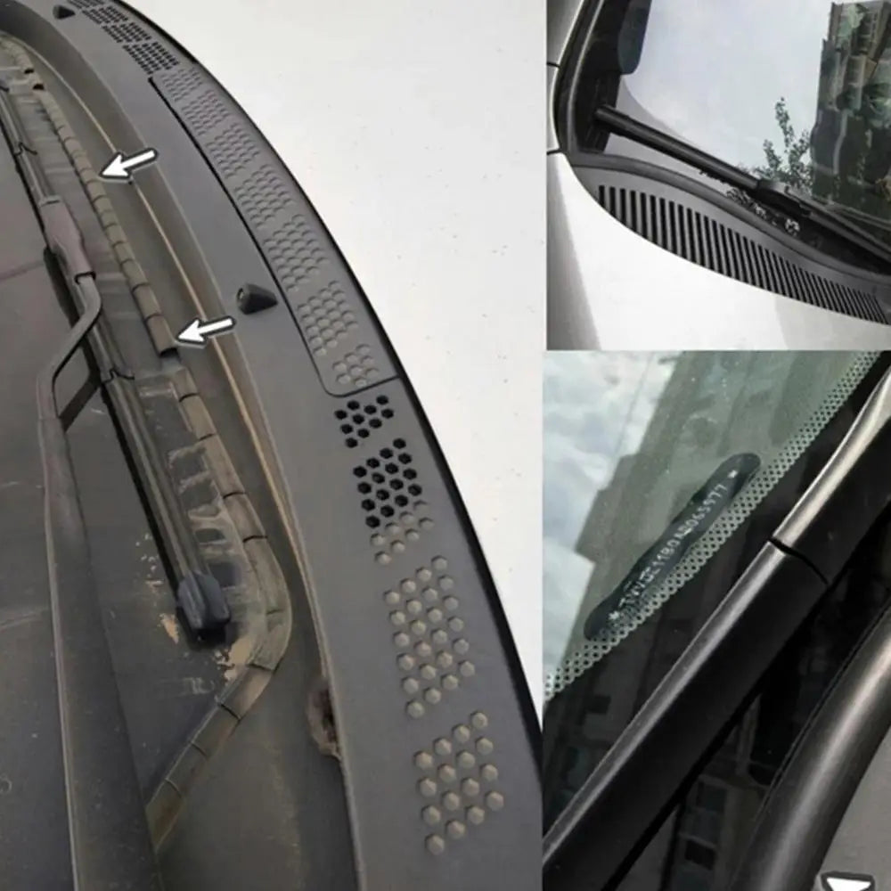 Close-up view of a flexible rubber windshield seal strip with various textured and perforated sections.
