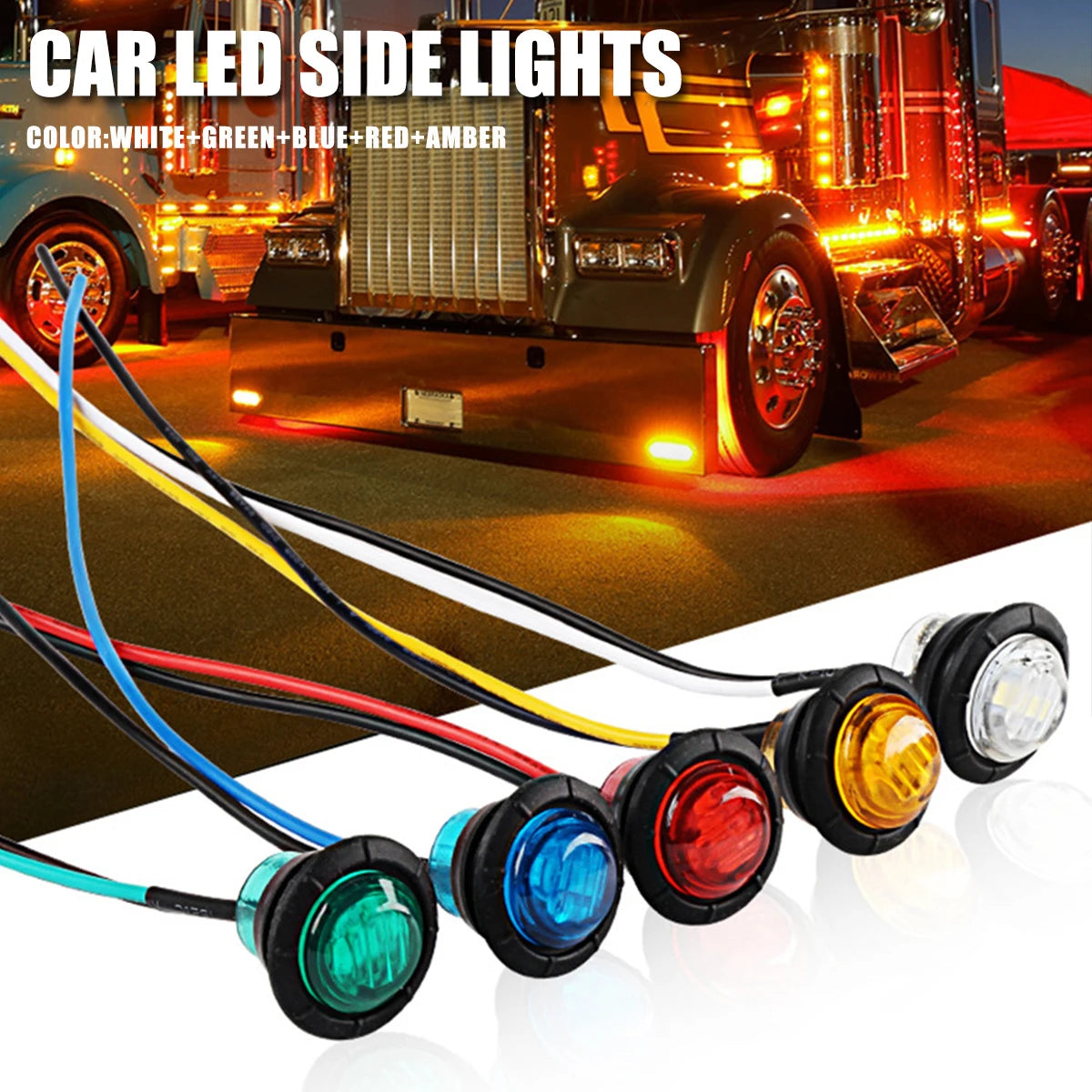 Bundle of round LED side marker lights in white, green, blue, red, and amber colors for trucks and trailers