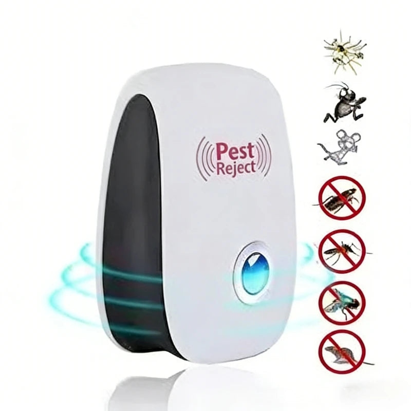 A white ultrasonic pest repellent device is shown with various pests it can repel.
