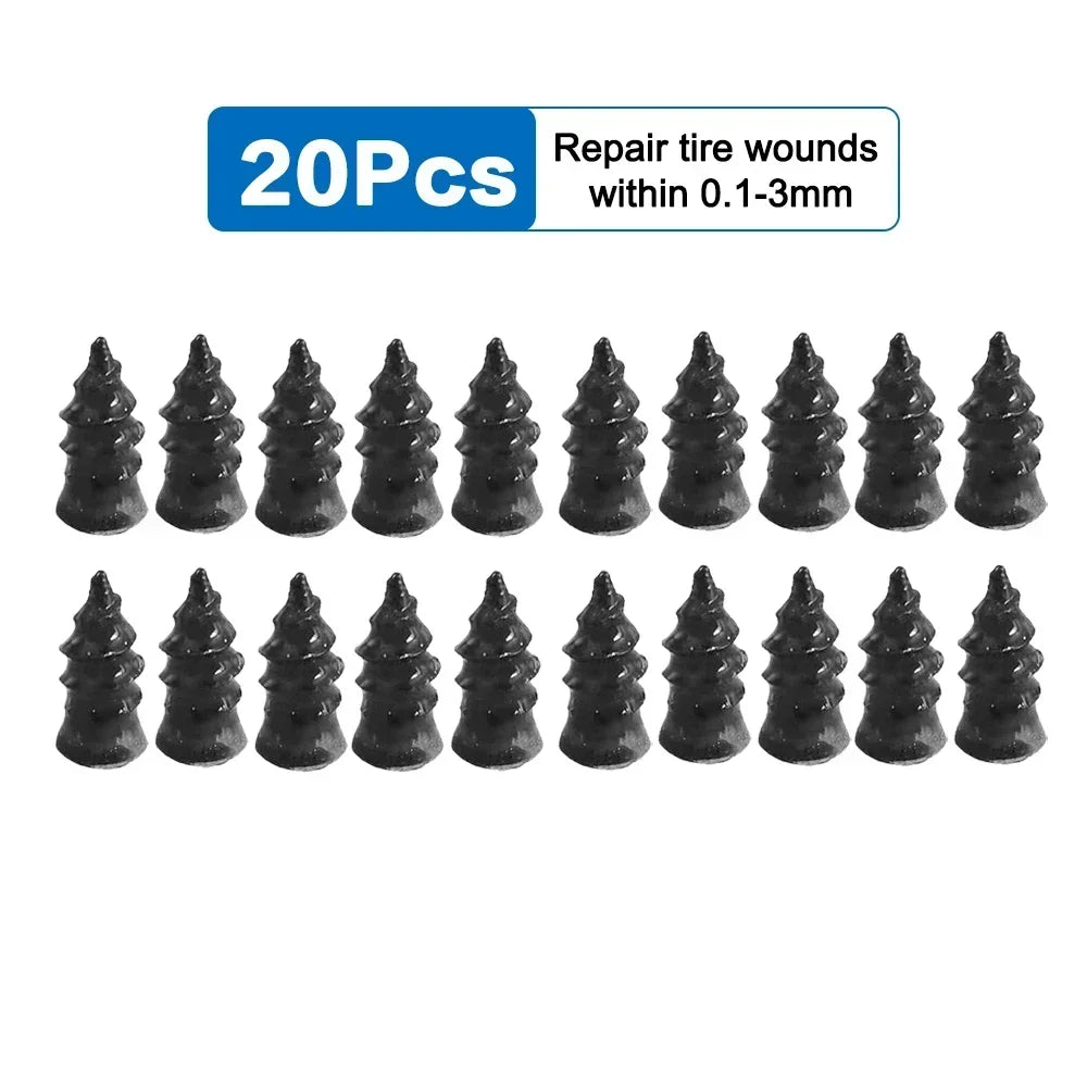 A set of 20 black tire repair nails for fixing wounds within 0.1-3mm.