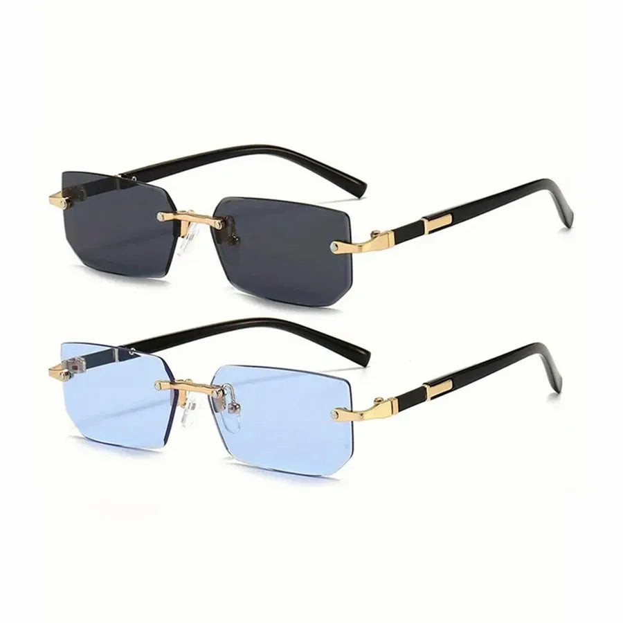 Lunettes de soleil rectangulaires sans monture, encadrements gris foncé et bleu clair.