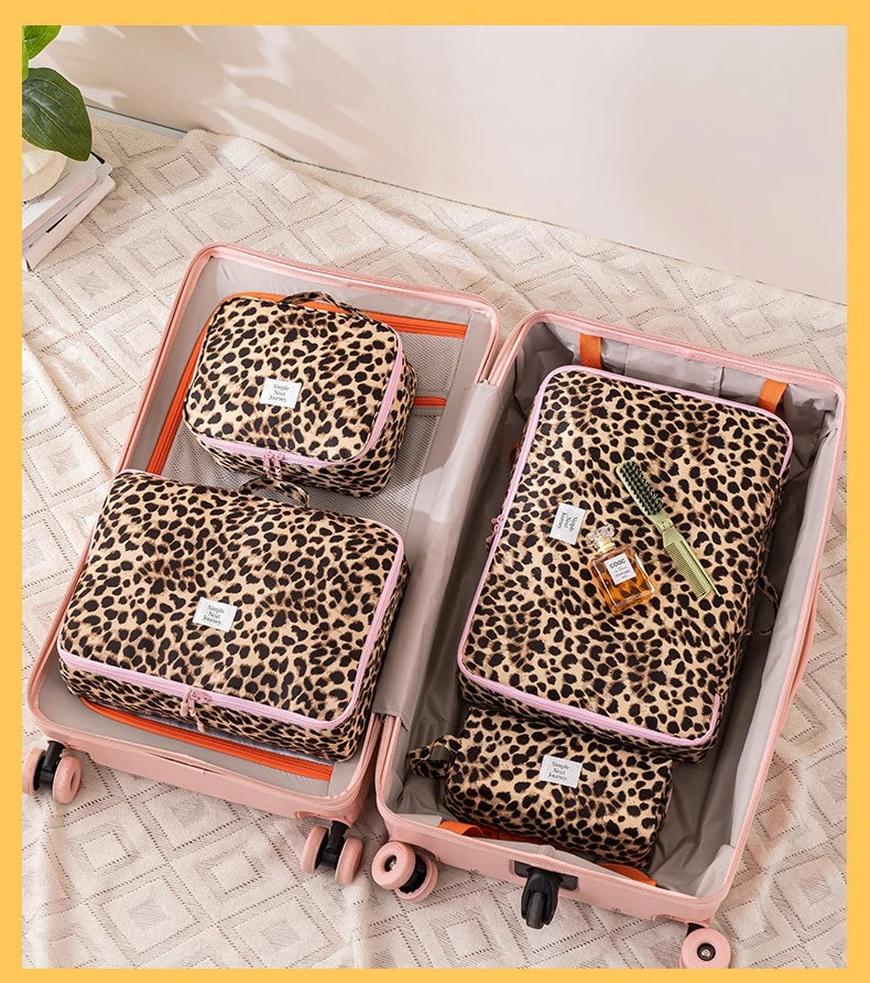 A pink toiletry bag with a leopard print design is shown inside an open suitcase.
