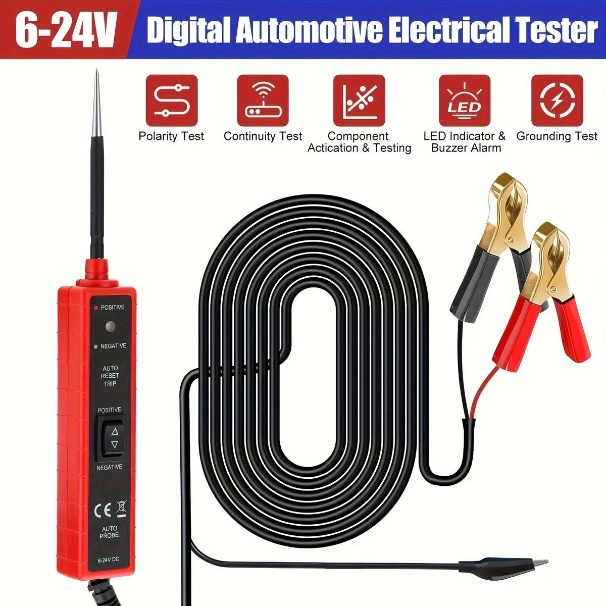 A red digital automotive electrical tester with a black cable and testing probes is shown.