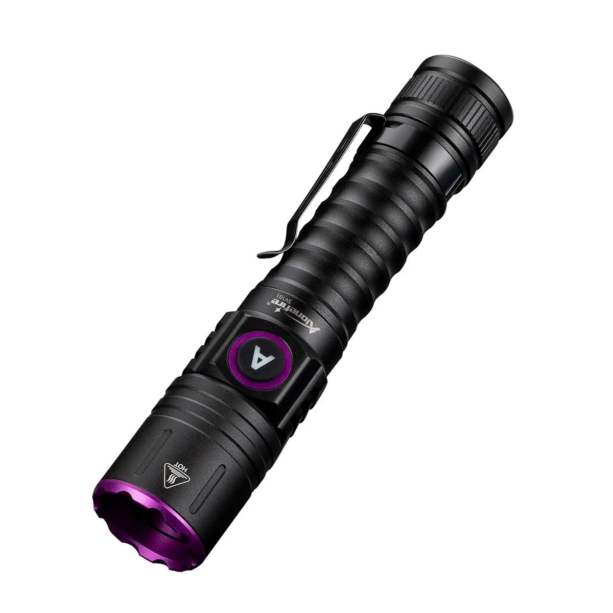 A black rechargeable UV flashlight with a telescopic lens is shown.