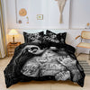 Black duvet cover featuring a detailed graphic of sugar skulls and floral accents.