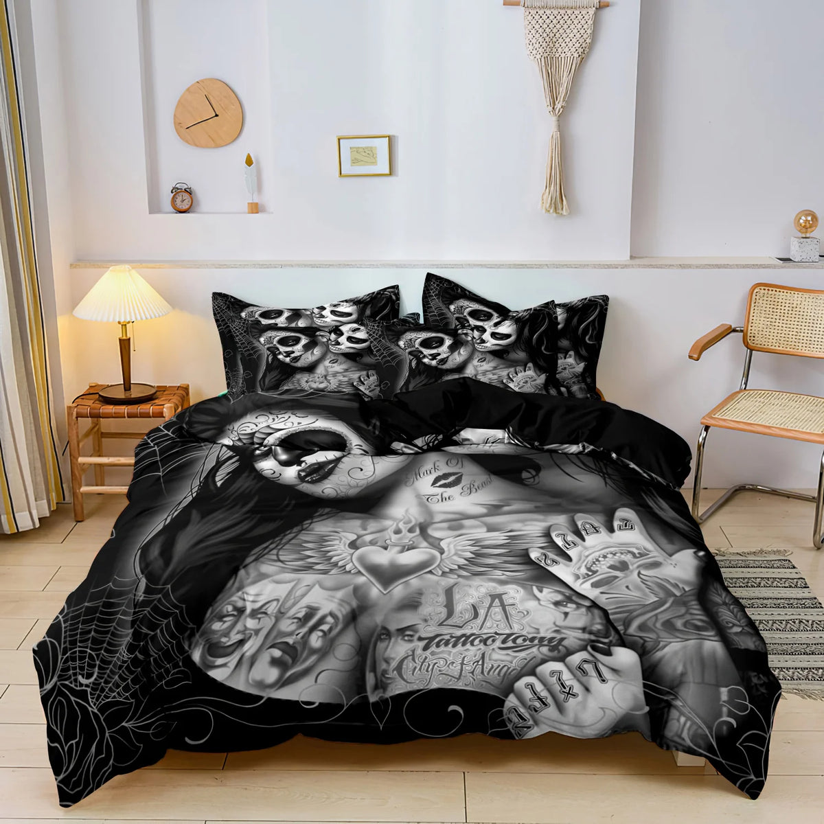 Black duvet cover featuring a detailed graphic of sugar skulls and floral accents.