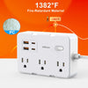 A white power strip with six outlets and four USB ports is shown against an orange background, highlighting its fire-retardan