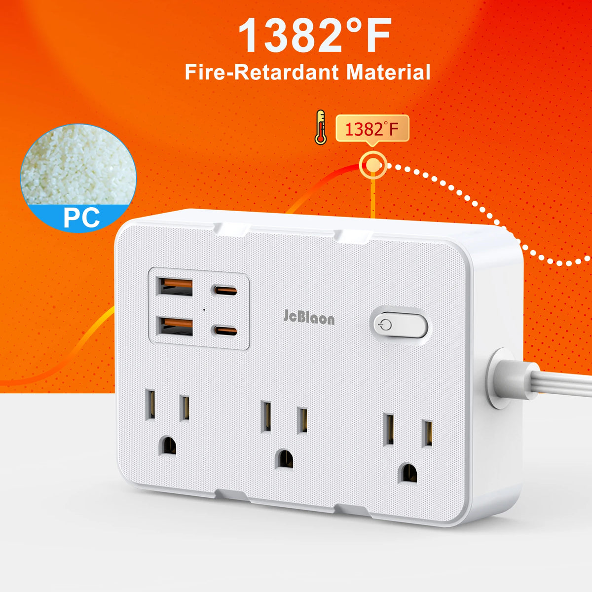 A white power strip with six outlets and four USB ports is shown against an orange background, highlighting its fire-retardan