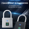 A silver and black fingerprint padlock is shown with a close-up view, highlighting the fingerprint scanner.