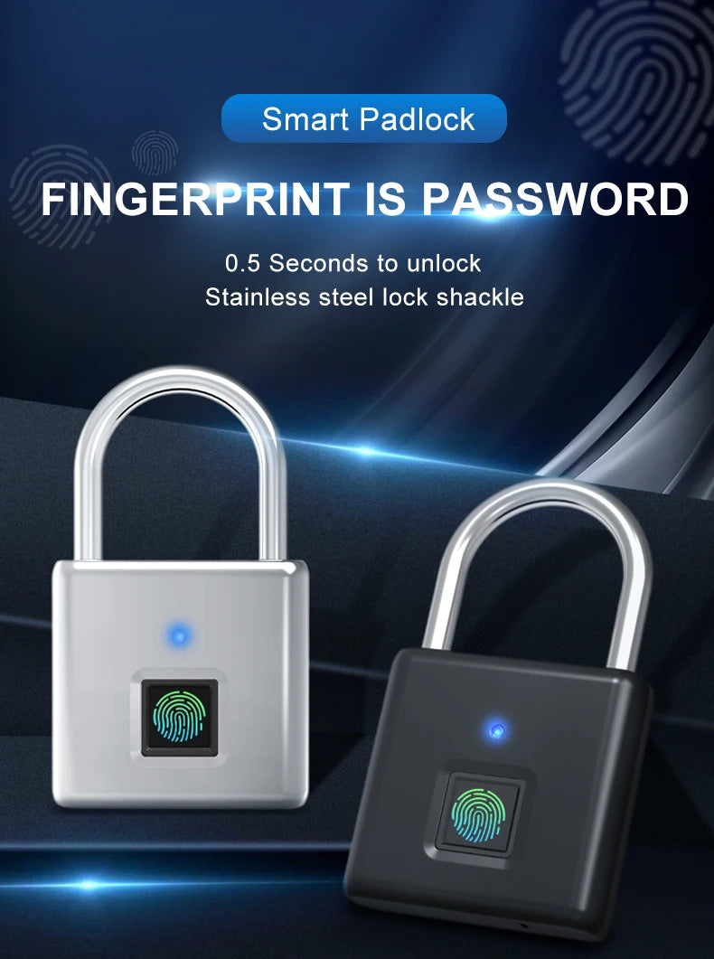 A silver and black fingerprint padlock is shown with a close-up view, highlighting the fingerprint scanner.
