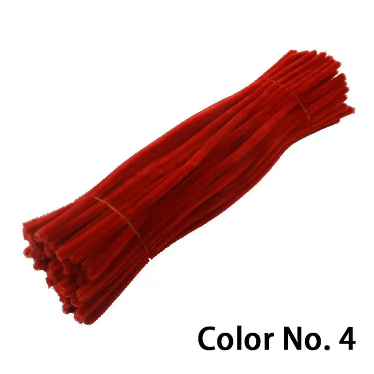 A bundle of red chenille craft stems for DIY projects.