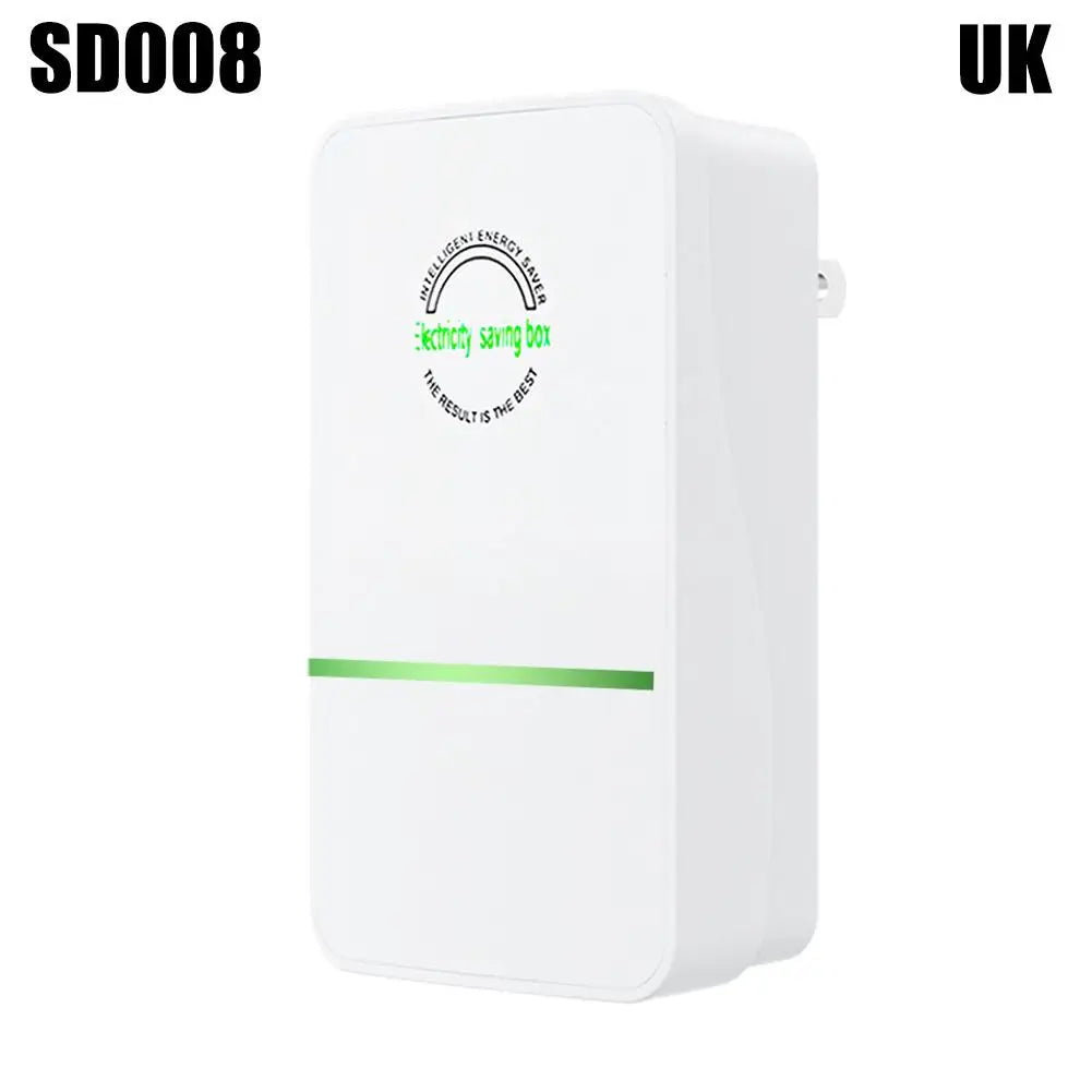 A white energy saving box or stabilizer plug device labeled with text indicating the result is the best.