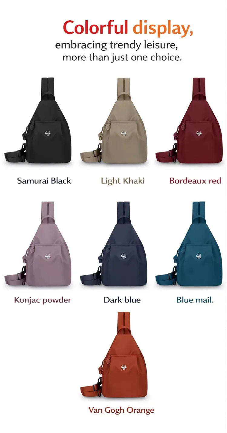A display of seven women's lightweight mini backpacks in various colors including Samurai Black, Light Khaki, Bordeaux red, a