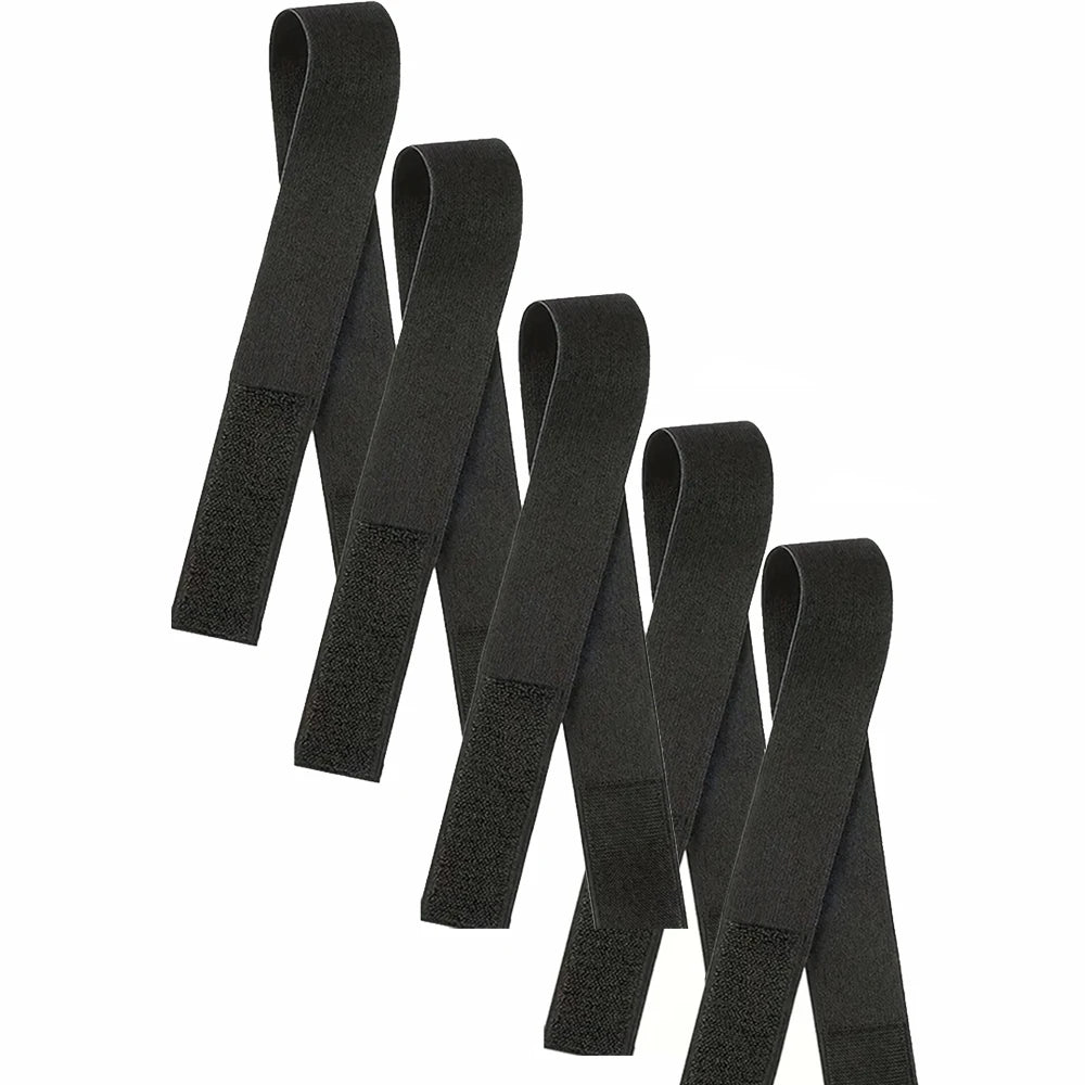 A set of black adjustable lace frontal wig bands laid out vertically.