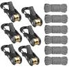 A set of heavy-duty paracord tensioners with alloy carabiners in black and gold finishes.