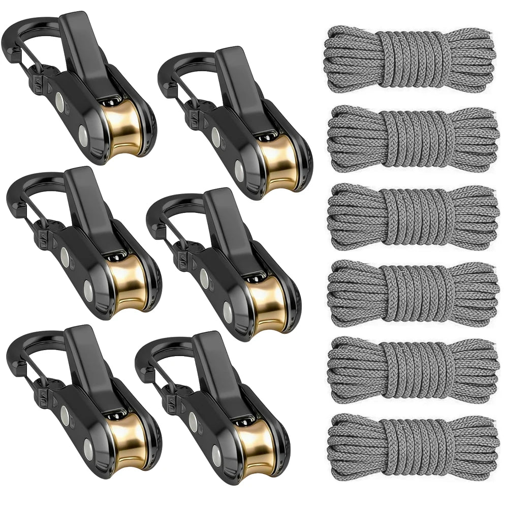 A set of heavy-duty paracord tensioners with alloy carabiners in black and gold finishes.