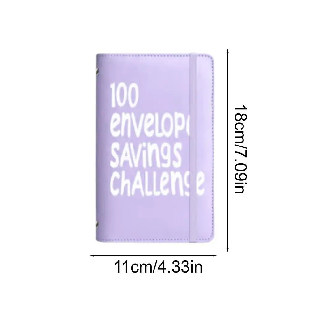 A purple binder for a 100-day envelope savings challenge with measurements shown.