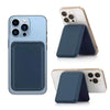 A light blue iPhone case with a matching dark blue magnetic leather wallet case and kickstand.