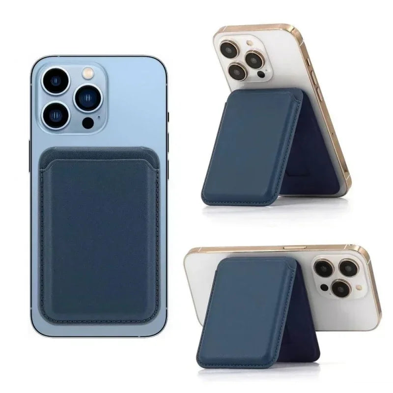 A light blue iPhone case with a matching dark blue magnetic leather wallet case and kickstand.
