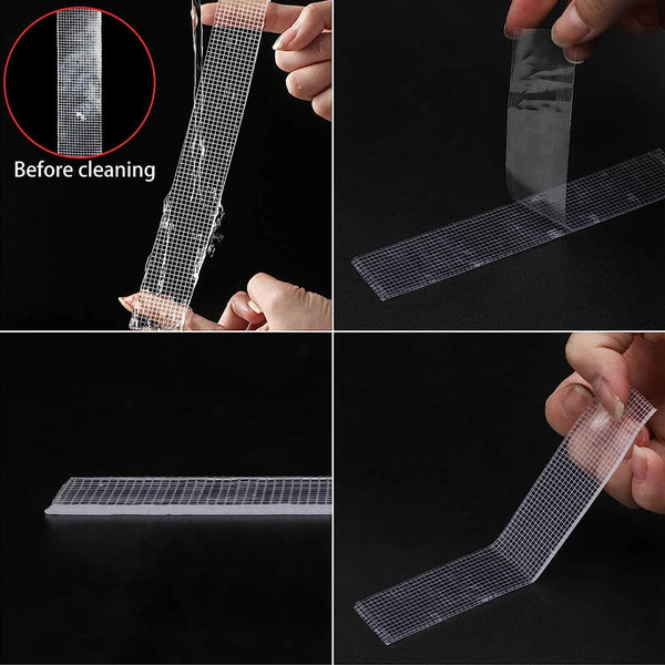 Various views of ultra-strong nano double-sided adhesive tape showing before and after cleaning.