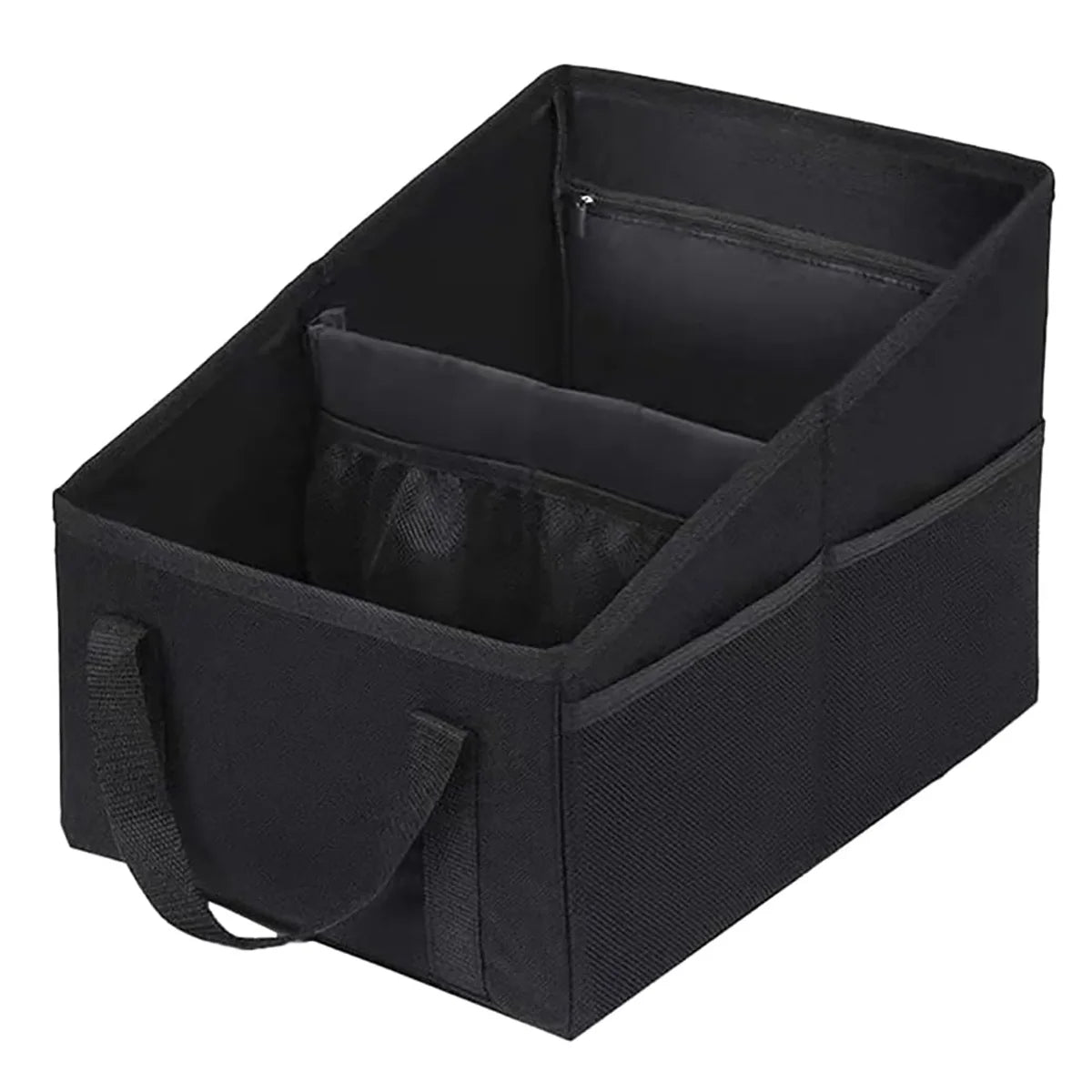 Support dossier de siège de voiture pliable noir avec porte-gobelets et poche de rangement en tissu