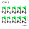 Ten pieces of green clip-on fishing rod bite alarm bells with silver metal tips.