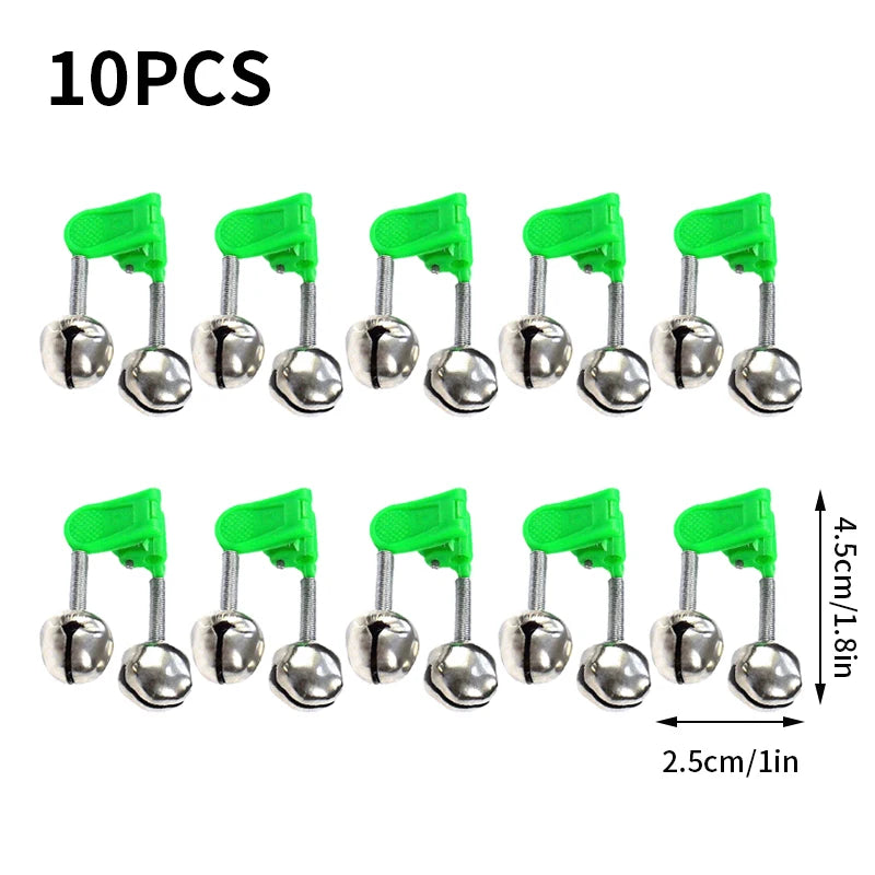 Ten pieces of green clip-on fishing rod bite alarm bells with silver metal tips.