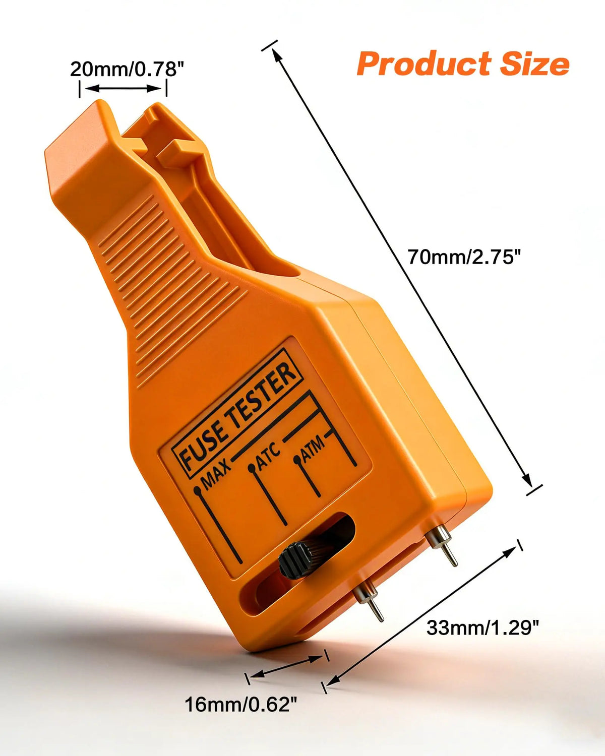 An orange universal automotive fuse tester tool showing its size and features.