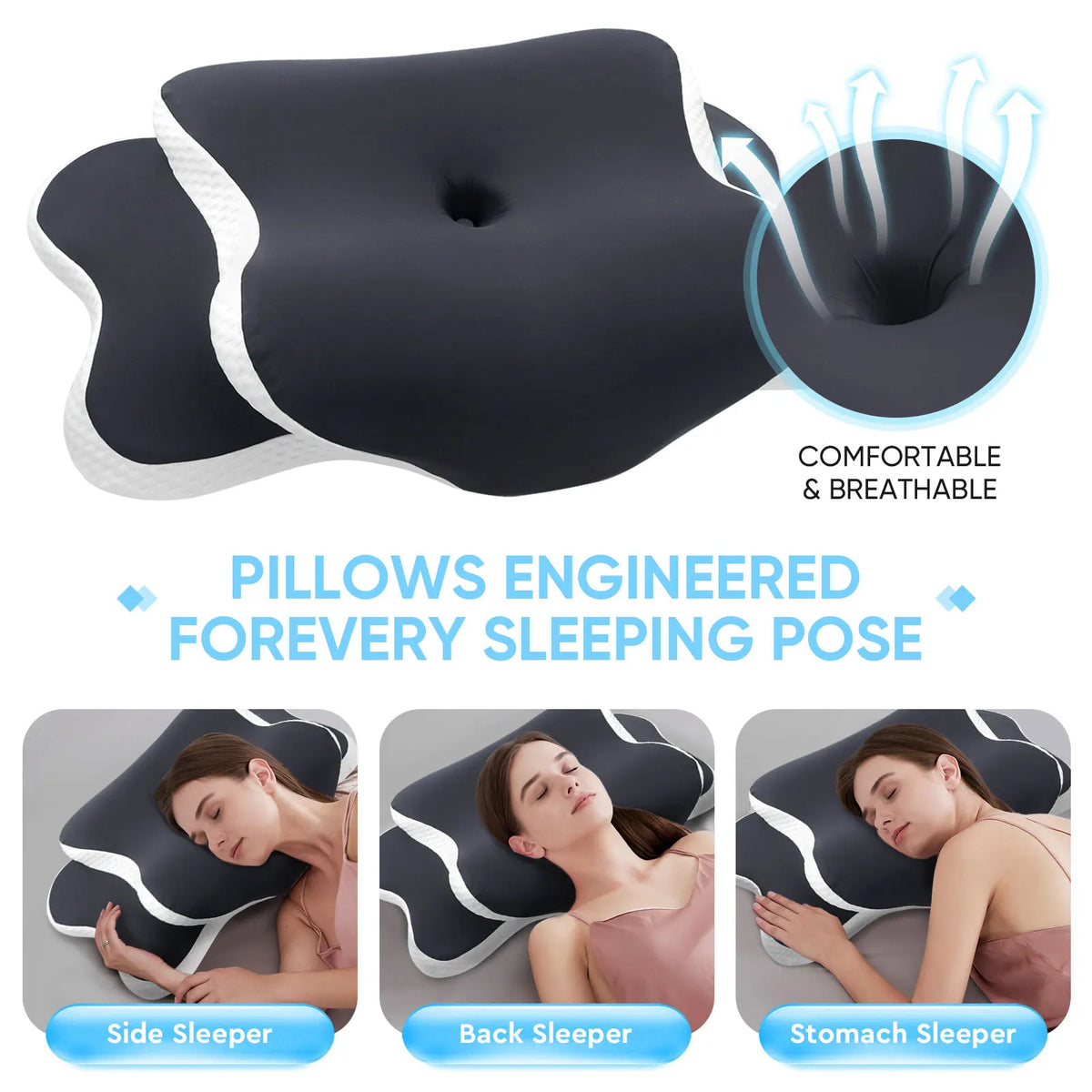 Three pillows designed for a forever sleeping pose including side back and stomach sleeper positions