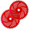 Two red 36-tooth carbide tipped brush cutter blades showing the serrated edge and mounting holes.
