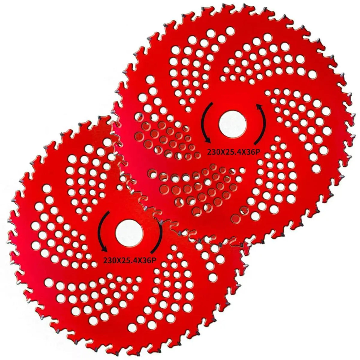 Two red 36-tooth carbide tipped brush cutter blades showing the serrated edge and mounting holes.