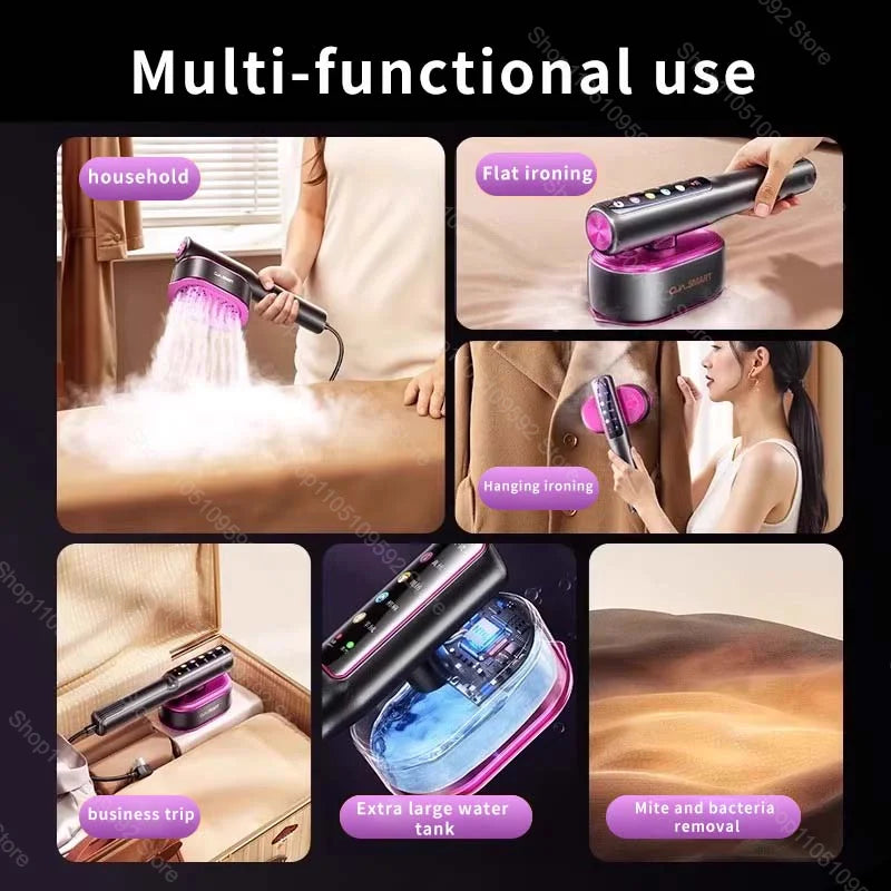 Portable handheld garment steamer used for household ironing, hanging clothes, and mite removal.