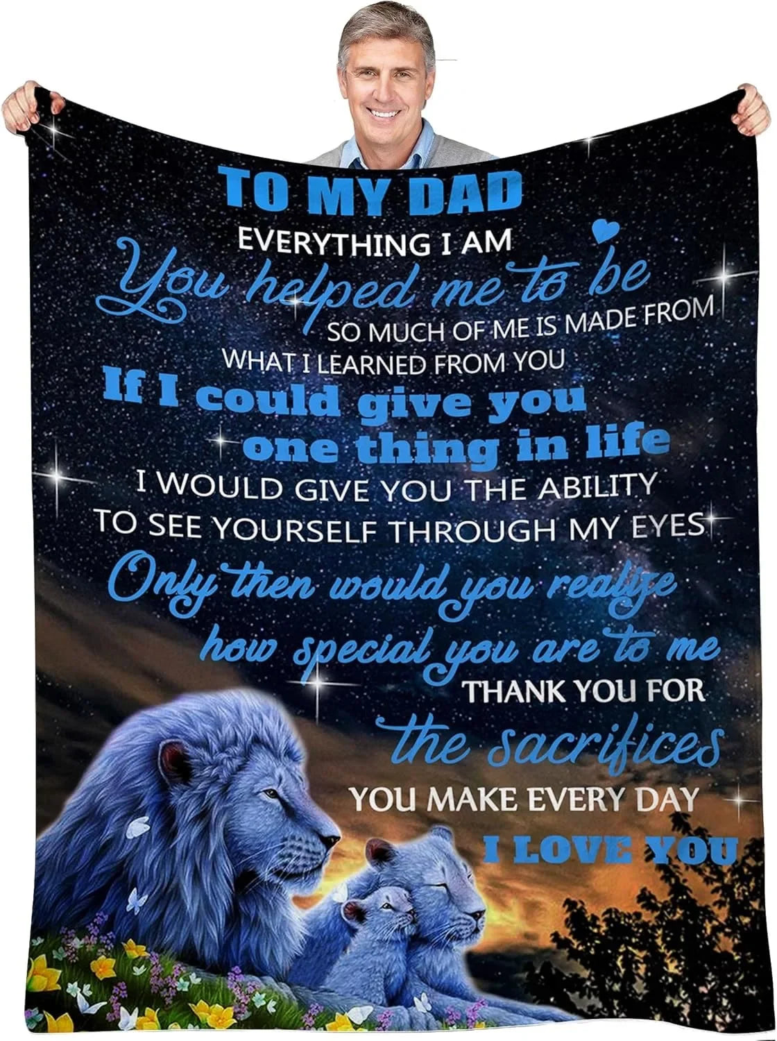 A personalized printed fleece throw blanket featuring a father and son theme with a lion and a cub.