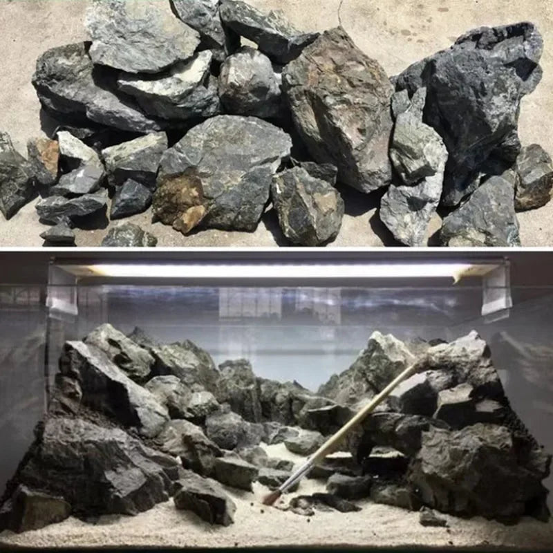 A collection of natural grey aquarium stones for aquascaping and fish tank decoration.
