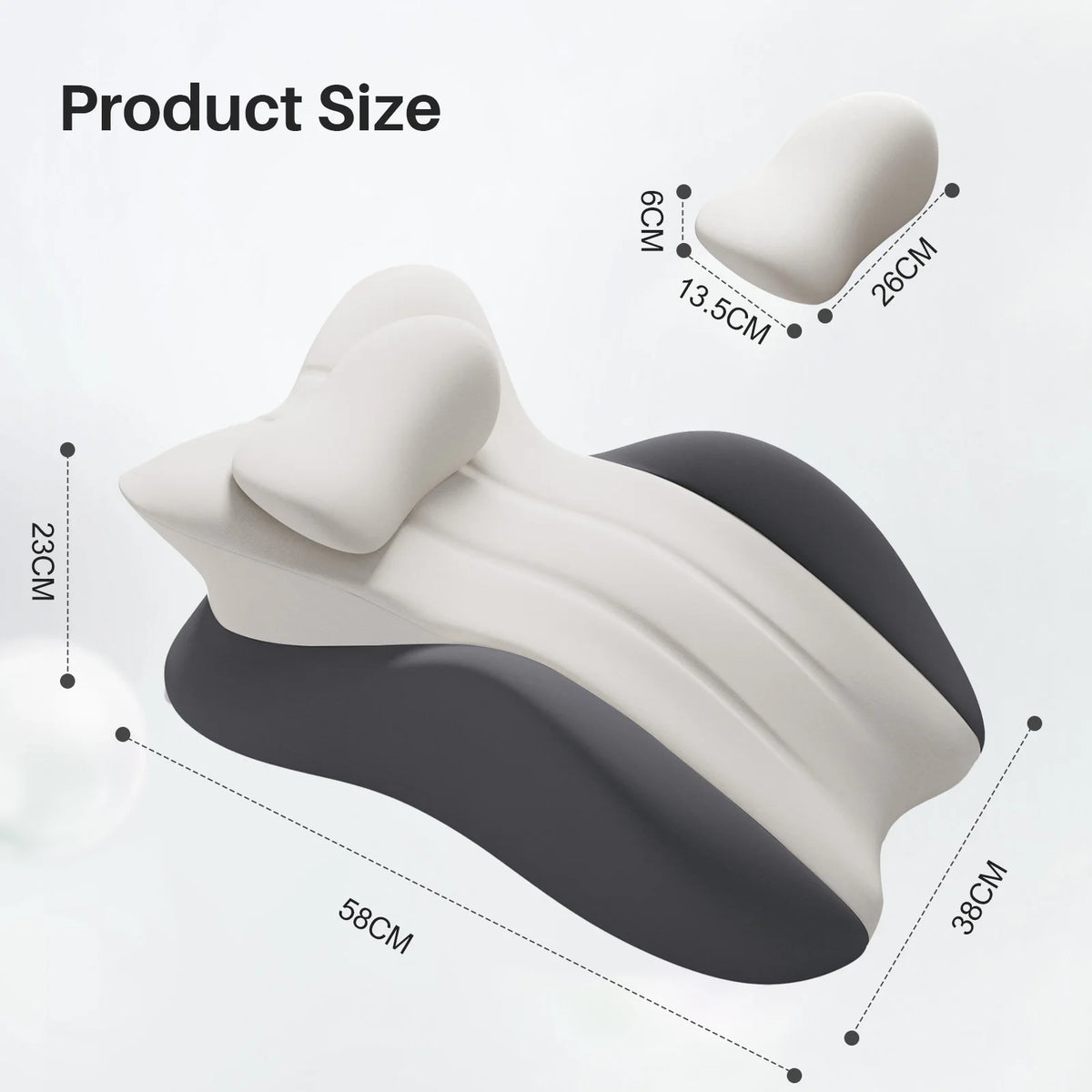 Oreiller ergonomique en forme de coin blanc avec une housse gris foncé, vu de côté avec des lignes de dimension.