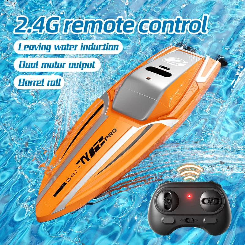 Orange high-speed RC speedboat with a remote control, shown in water.