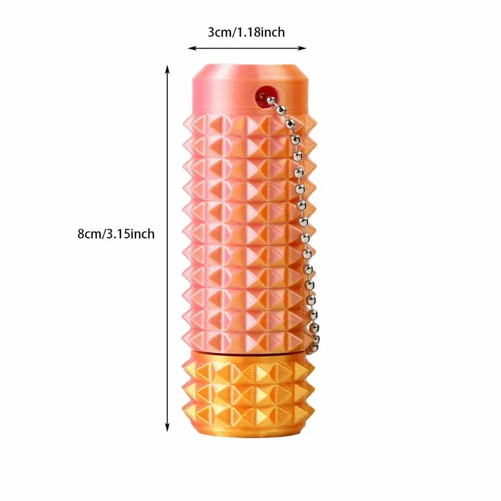 A pink spiky sensory fidget roller with a gold chain, shown from the side.