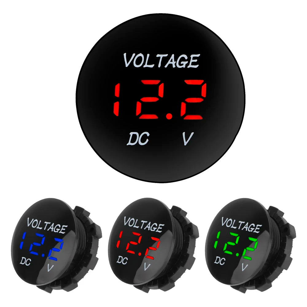 Three views of a black LED digital voltmeter displaying 12.2V DC voltage.