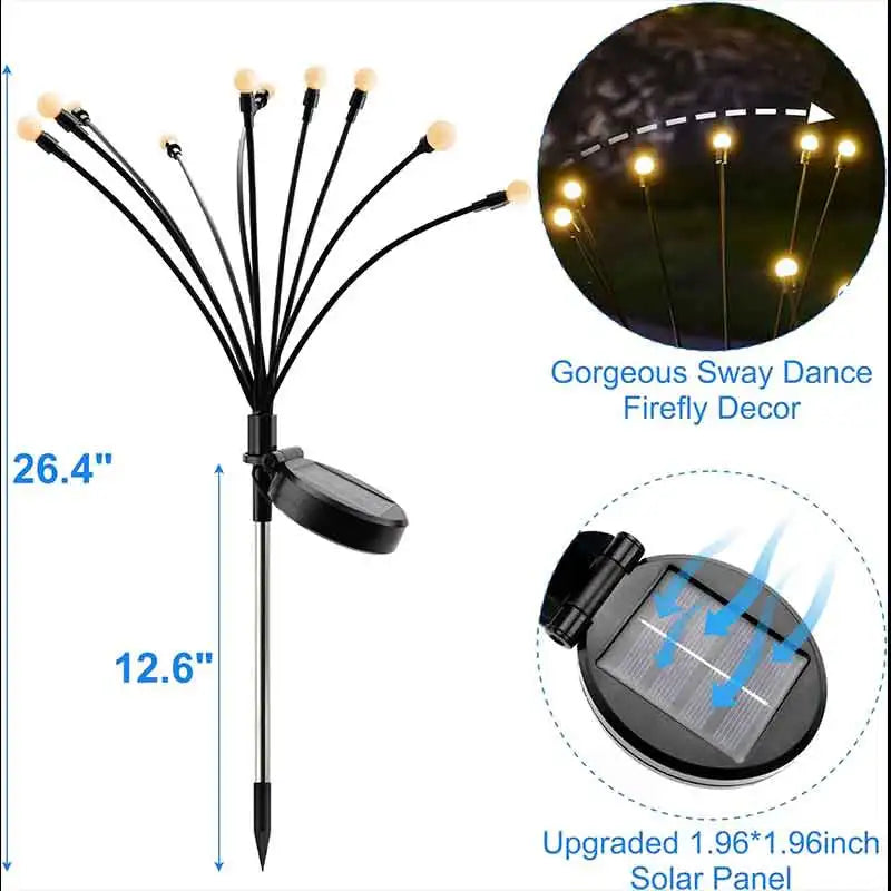Langer schwarzer Stab mit mehreren Lichtfäden und einem verbesserten Solarmodul für Gartenbeleuchtung.