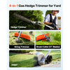A 4-in-1 gas hedge trimmer shown with separate components including a hedge trimmer, string trimmer, brush cutter, and edger.