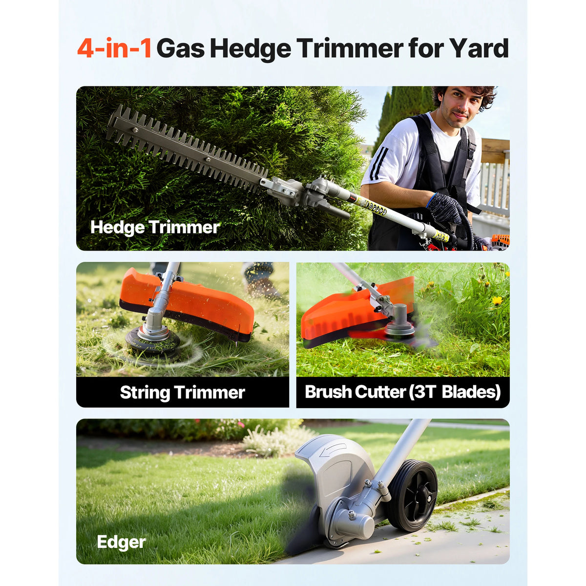 A 4-in-1 gas hedge trimmer shown with separate components including a hedge trimmer, string trimmer, brush cutter, and edger.