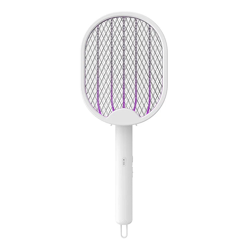 A white foldable electric mosquito swatter with a purple UV trap and a long handle.