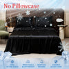 Black luxury ice silk cooling bed sheets displayed on a bed with decorative snowflakes.