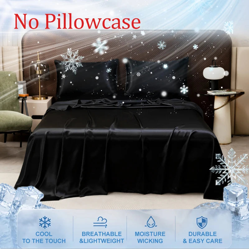 Black luxury ice silk cooling bed sheets displayed on a bed with decorative snowflakes.