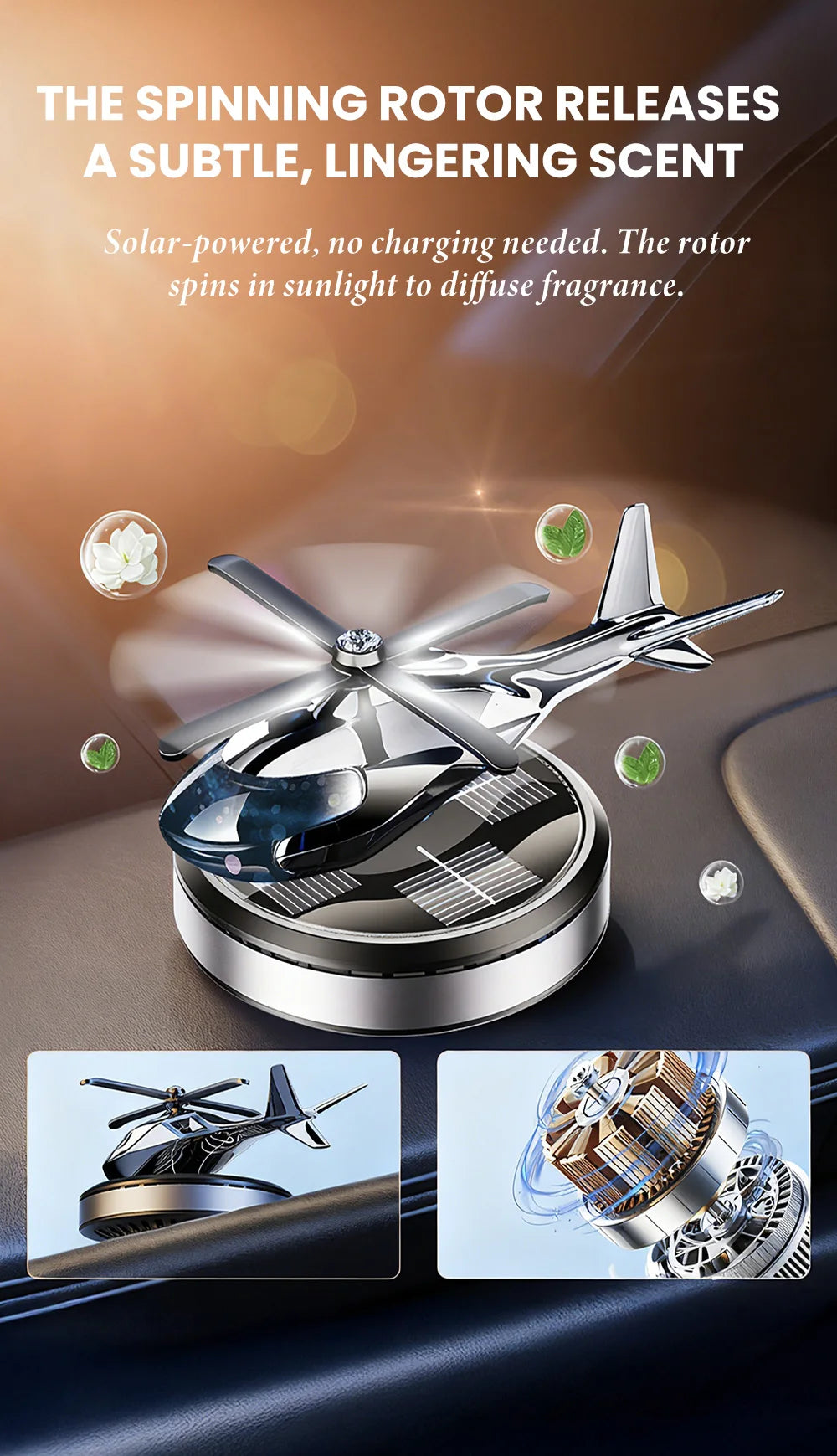 Solar-Powered Rotating Helicopter Car Air Freshener & Decorative Aromatherapy Diffuser