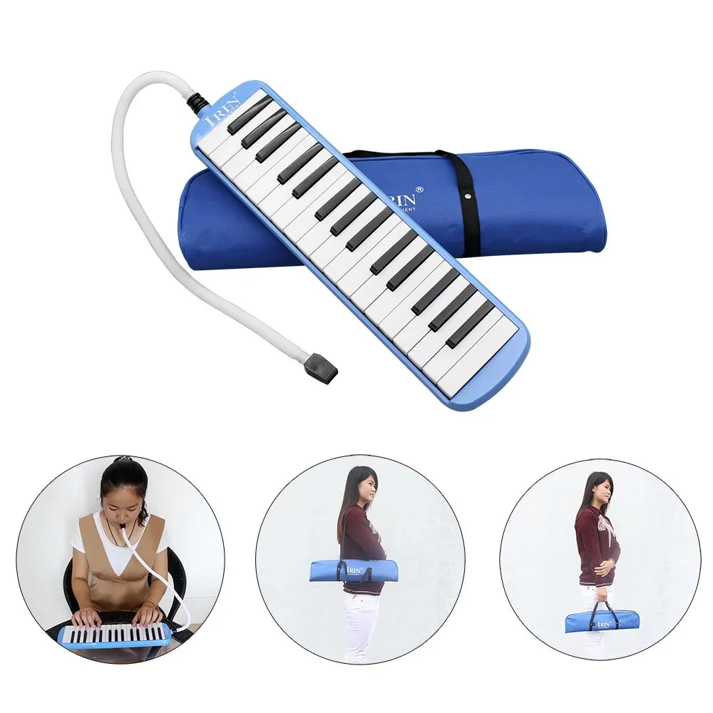 A blue 32-key melodica instrument with a carrying case and mouthpiece shown alongside a woman playing it.