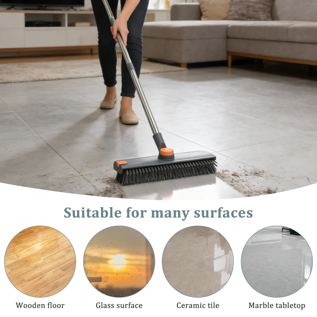 A 3-in-1 adjustable scrub brush with squeegee and long handle is shown cleaning various surfaces like wood, glass, ceramic ti