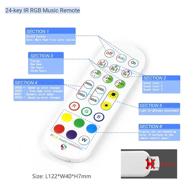 A white 24-key IR RGB music remote control with various function buttons and a mounting clip.