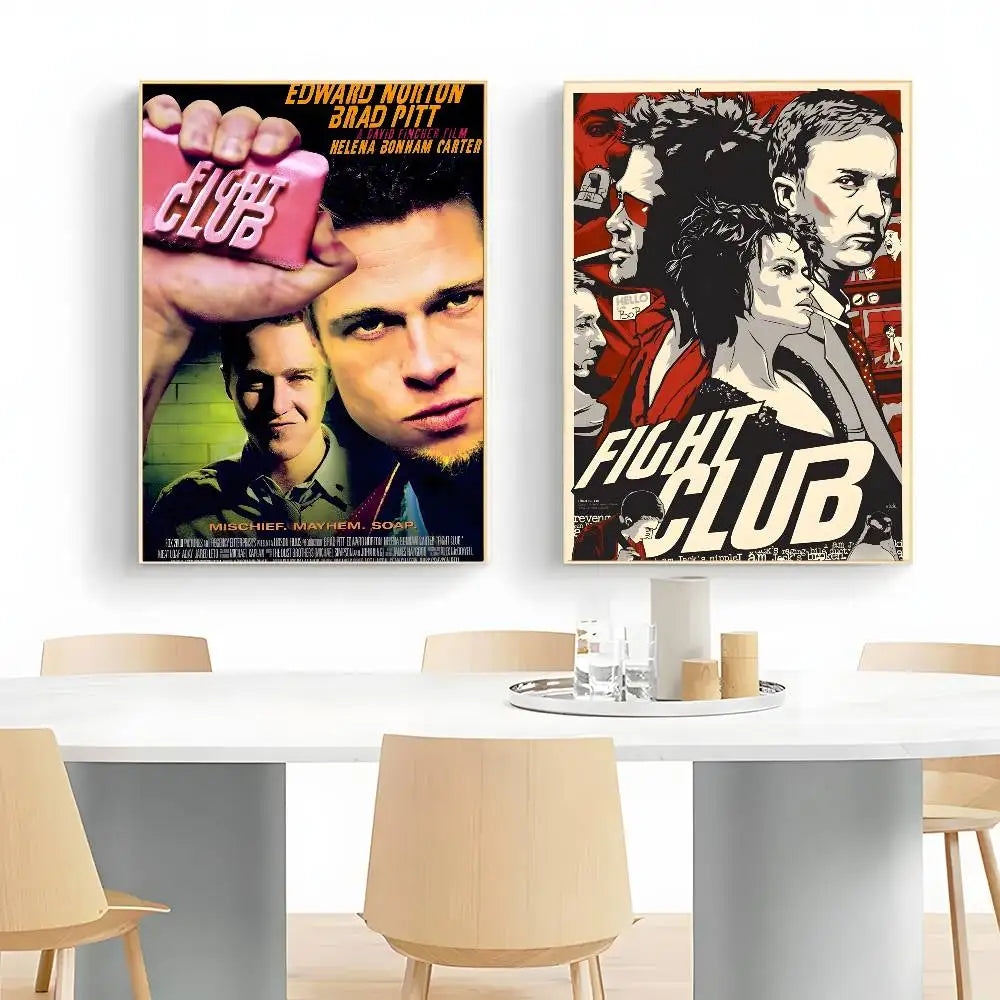 Poster of Fight Club movie featuring a hand holding a pink club and several intense faces.
