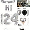 A kit for a balloon garland featuring silver and black foil numbers and balloons.